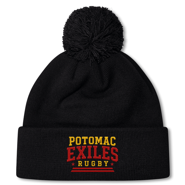 Stay warm and show your team spirit with the Potomac Exiles Rugby Club Pom Pom Beanie by EMB Canterbury. This cozy black knit hat features a pom-pom on top and "Potomac Exiles Rugby" beautifully embroidered in yellow and red on the folded brim, making it the perfect accessory for any rugby fan.