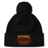 Stay warm and show your team spirit with the Potomac Exiles Rugby Club Pom Pom Beanie by EMB Canterbury. This cozy black knit hat features a pom-pom on top and "Potomac Exiles Rugby" beautifully embroidered in yellow and red on the folded brim, making it the perfect accessory for any rugby fan.