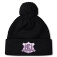 Black knit Western Carolina University Pom Pom Beanie by Canterbury featuring a Western Carolina Rugby emblem on the cuff and a pom-pom topper.