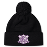 Black knit Western Carolina University Pom Pom Beanie by Canterbury featuring a Western Carolina Rugby emblem on the cuff and a pom-pom topper.