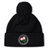 The Society of Iowa Rugby Referees Pom Pom Beanie by EMB Canterbury is a black knit fleece-lined beanie topped with a pom-pom, featuring a circular embroidered patch with two pink flowers and border text, combining cozy comfort with the classic rugby beanie style.