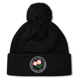The Society of Iowa Rugby Referees Pom Pom Beanie by EMB Canterbury is a black knit fleece-lined beanie topped with a pom-pom, featuring a circular embroidered patch with two pink flowers and border text, combining cozy comfort with the classic rugby beanie style.