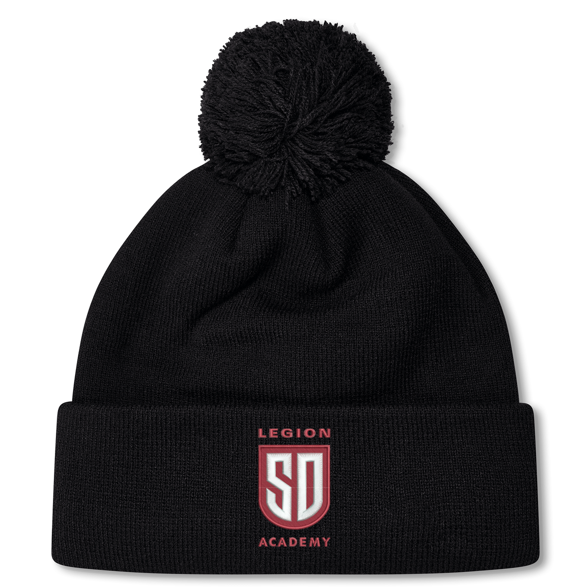 Black fleece-lined Legion Academy Pom Pom Beanie by Canterbury featuring a pom-pom on top and a shield-shaped logo with the letters “SD,” “LEGION” above, and “ACADEMY” below.