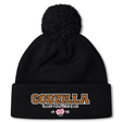 The Godzilla Rugby Football Club Pom Pom Beanie by Canterbury from EMB Canterbury is a black knit beanie with a pom-pom, featuring “GODZILLA RUGBY FOOTBALL CLUB” text and a pink embroidered flower on the front. Cozy fleece lining provides warmth and style for dedicated fans.