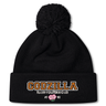 The Godzilla Rugby Football Club Pom Pom Beanie by Canterbury from EMB Canterbury is a black knit beanie with a pom-pom, featuring “GODZILLA RUGBY FOOTBALL CLUB” text and a pink embroidered flower on the front. Cozy fleece lining provides warmth and style for dedicated fans.