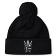 Black fleece-lined Cal Lutheran University Pom Pom Beanie by Canterbury, featuring an embroidered shield emblem with a helmet, swords, a cross, and the year 1969.
