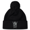 Black fleece-lined Cal Lutheran University Pom Pom Beanie by Canterbury, featuring an embroidered shield emblem with a helmet, swords, a cross, and the year 1969.