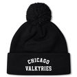 The Chicago Valkyries Pom Pom Beanie by EMB Canterbury is a black knit hat featuring a classic pom-pom on top and "CHICAGO VALKYRIES" embroidered in bold white capital letters on the folded brim. This Canterbury rugby bobble hat is perfect for staying warm at matches or around town.