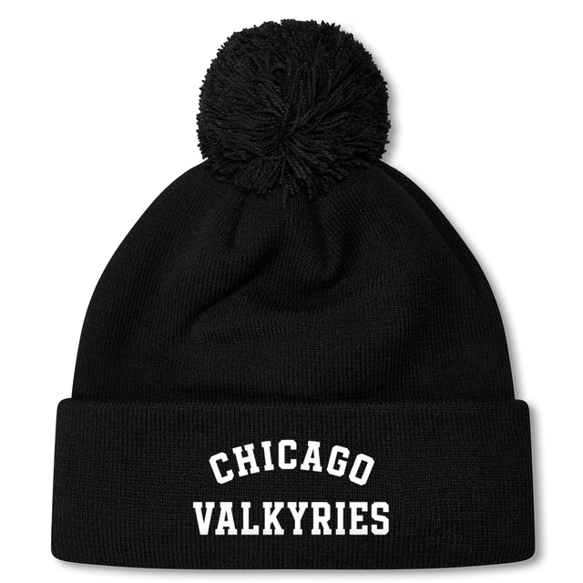 The Chicago Valkyries Pom Pom Beanie by EMB Canterbury is a black knit hat featuring a classic pom-pom on top and "CHICAGO VALKYRIES" embroidered in bold white capital letters on the folded brim. This Canterbury rugby bobble hat is perfect for staying warm at matches or around town.