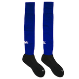 The OMBAC Rugby Men's Training Bundle from Fast Bundle includes blue and black knee-high sports socks with Vapodri Technology for moisture management, featuring a small white logo. Ideal for Rugby Clubs or anyone seeking sustainable sportswear.