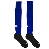 A pair of knee-high socks with blue uppers and black feet, each featuring a white logo—ideal as part of the OMBAC U18 Training bundle by Bundle, perfect for rugby training or your Rugby Club kit.