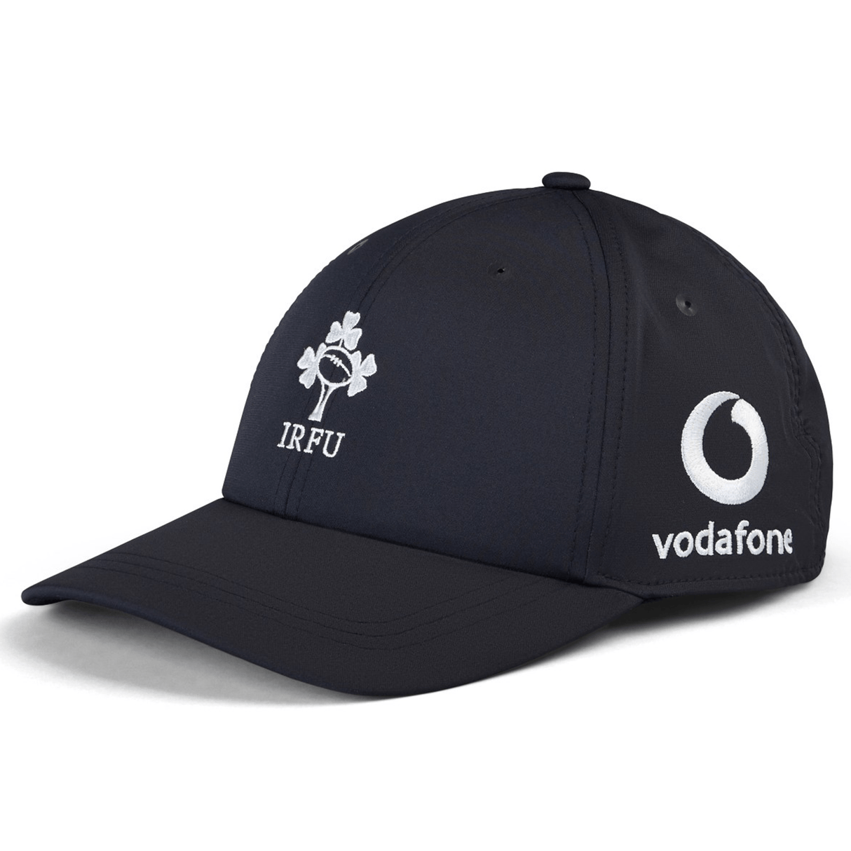 The Ireland 24 Tech Logo Cap by Canterbury is a navy blue hat showcasing the IRFU logo on the front and the Vodafone logo on the side. This cap from Canterbury also features an adjustable strap for a perfect fit.