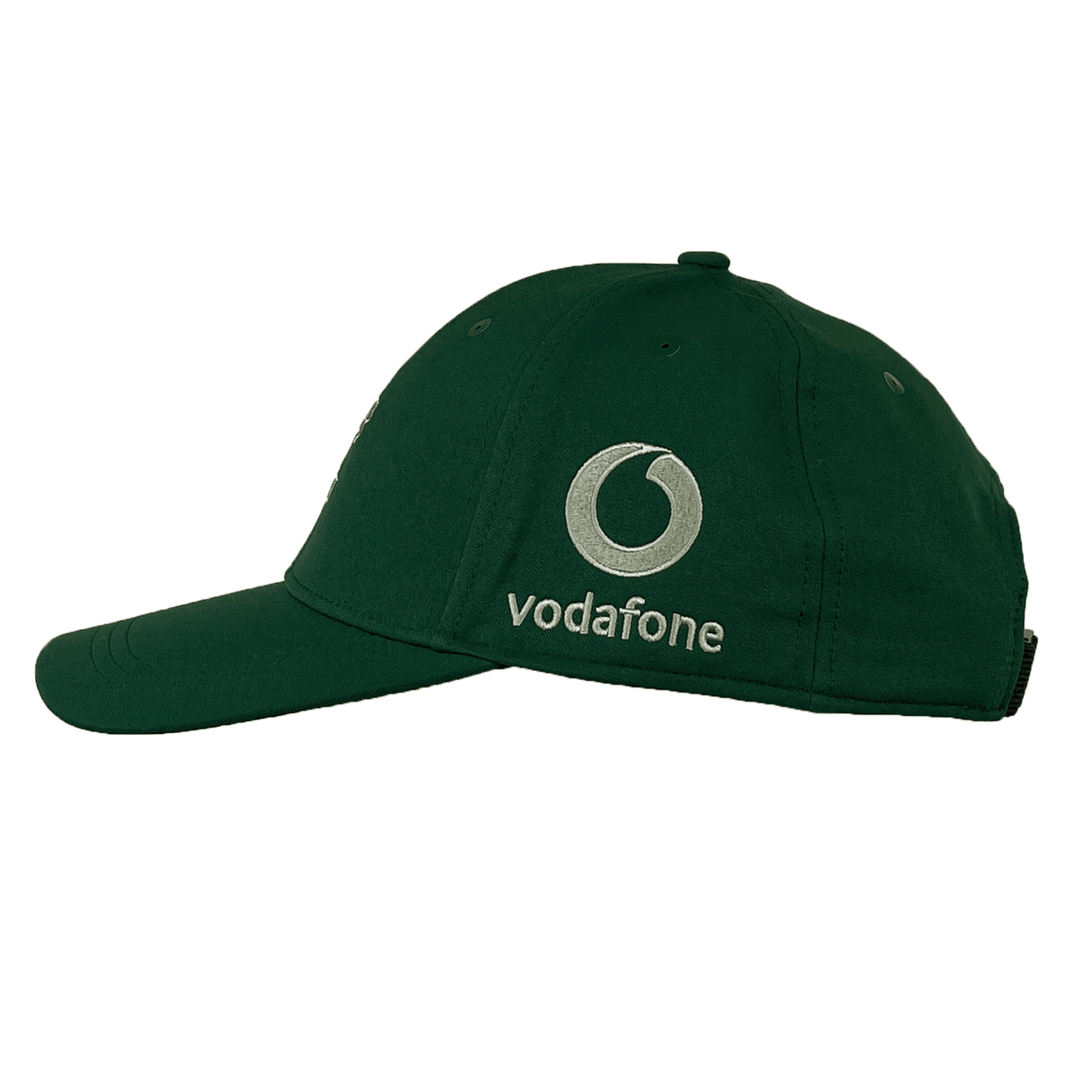 The Ireland 24 Tech Logo Cap by Canterbury, a green baseball hat adorned with a silver Vodafone logo and text on the side, features an adjustable strap for a perfect fit.