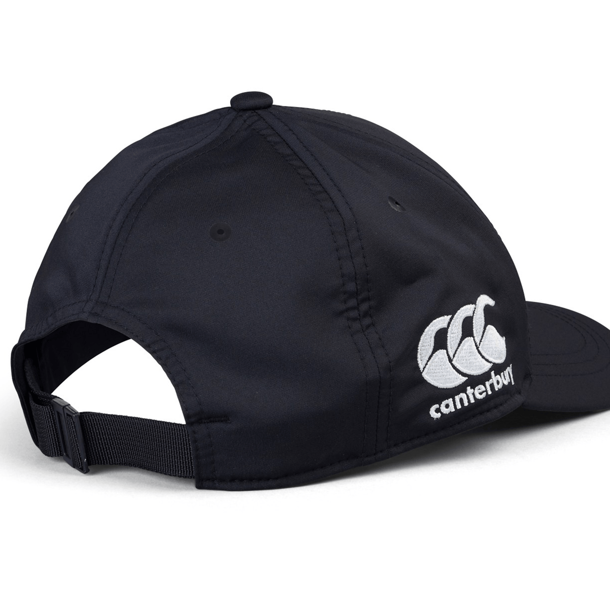 The Ireland 24 Tech Logo Cap by Canterbury is a sleek black baseball cap featuring an adjustable strap and the iconic Canterbury logo embroidered in white on the side.