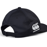 The Ireland 24 Tech Logo Cap by Canterbury is a sleek black baseball cap featuring an adjustable strap and the iconic Canterbury logo embroidered in white on the side.
