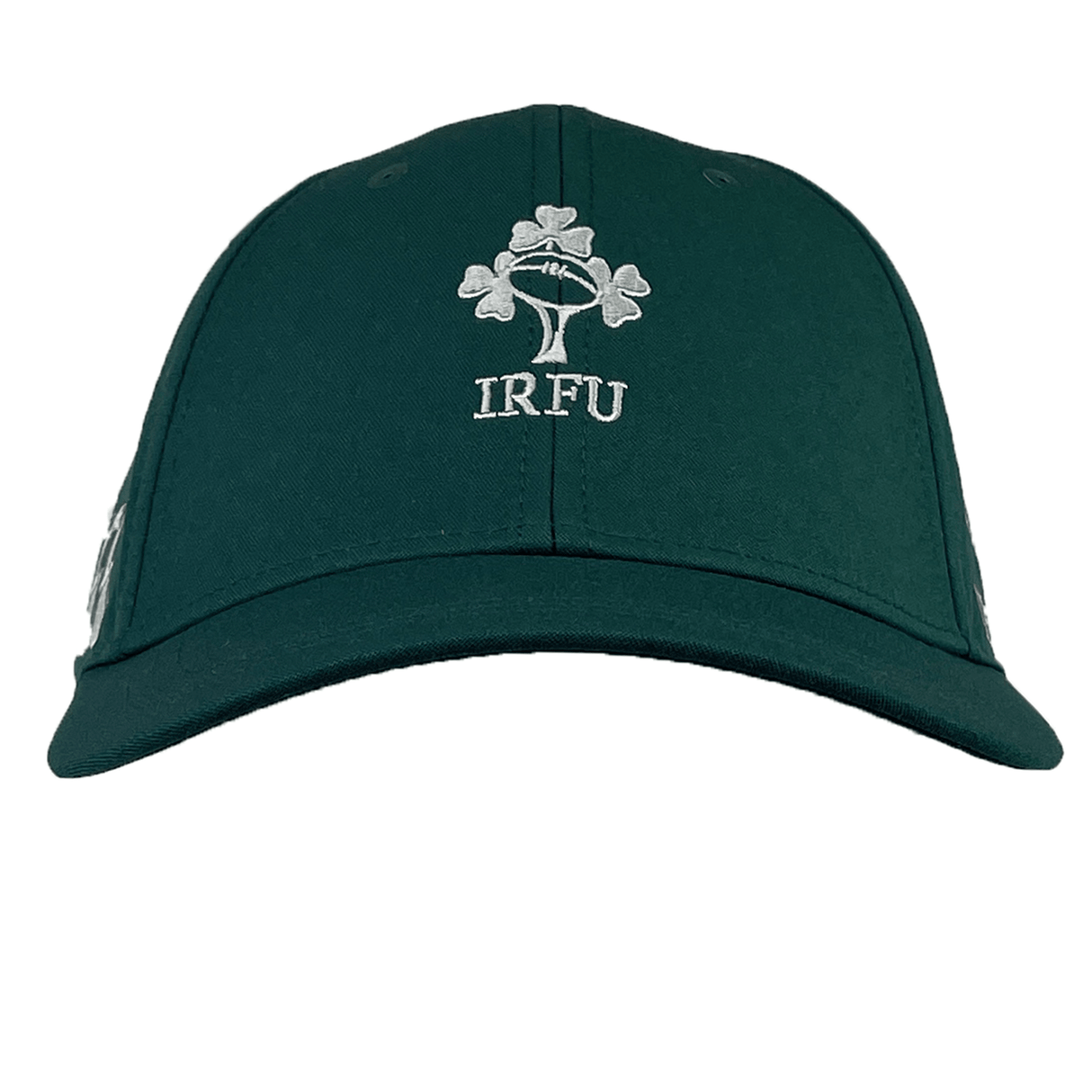 The Ireland 24 Tech Logo Cap by Canterbury is a dark green accessory featuring the "IRFU" logo and a clover leaf design embroidered on the front. Designed for optimum comfort, it comes with an adjustable strap to ensure a perfect fit.