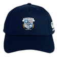 The Milwaukee Barbarians Rugby Flexfit Drill Cap by EMB Canterbury features a navy blue design, the Barbarians crest on the front, a white CCC logo on the side, and a stylish curved brim.