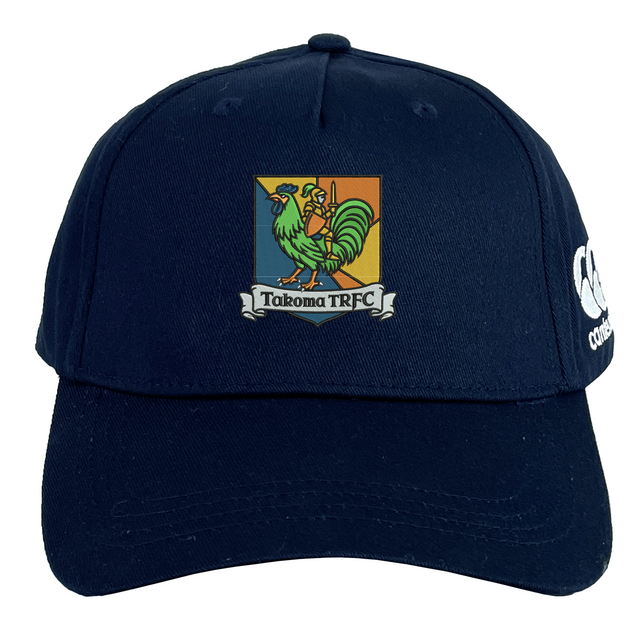 Navy flexfit Takoma Touch Rugby Flexfit Drill Cap featuring a shield crest with a green rooster knight and the text “Takoma TRFC.”