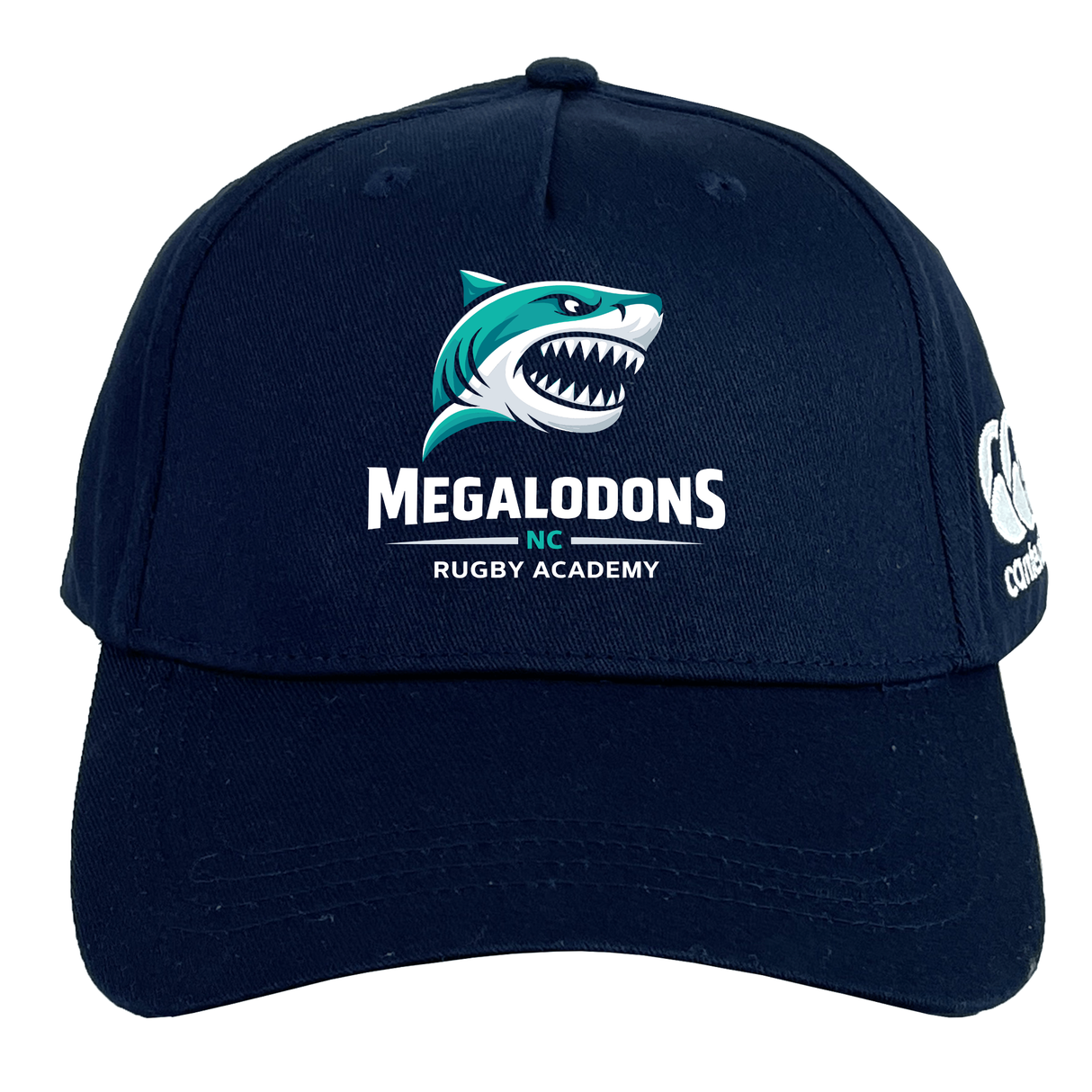 The NC Rugby Academy - Megalodons Flexfit Drill Cap by EMB Canterbury features a navy blue curved brim, shark logo, "Megalodons NC Rugby Academy" on the front, CCC branding on the side, and classic flexfit comfort for rugby fans.