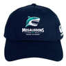 The NC Rugby Academy - Megalodons Flexfit Drill Cap by EMB Canterbury features a navy blue curved brim, shark logo, "Megalodons NC Rugby Academy" on the front, CCC branding on the side, and classic flexfit comfort for rugby fans.
