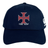 Introducing the SF CDME Rugby Flexfit Drill Cap by Canterbury—a navy blue cap from EMB Canterbury, featuring a red cross emblem and "CDME RUGBY" text on the front, a white CCC logo on the side, and a classic curved brim for authentic rugby style.