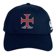 Introducing the SF CDME Rugby Flexfit Drill Cap by Canterbury—a navy blue cap from EMB Canterbury, featuring a red cross emblem and "CDME RUGBY" text on the front, a white CCC logo on the side, and a classic curved brim for authentic rugby style.
