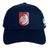 The Montgomery Bucks Griffins Flexfit Drill Cap by EMB Canterbury is navy blue, featuring a red and white lion crest with "MBRFC" on the front and a white CCC logo on the side.