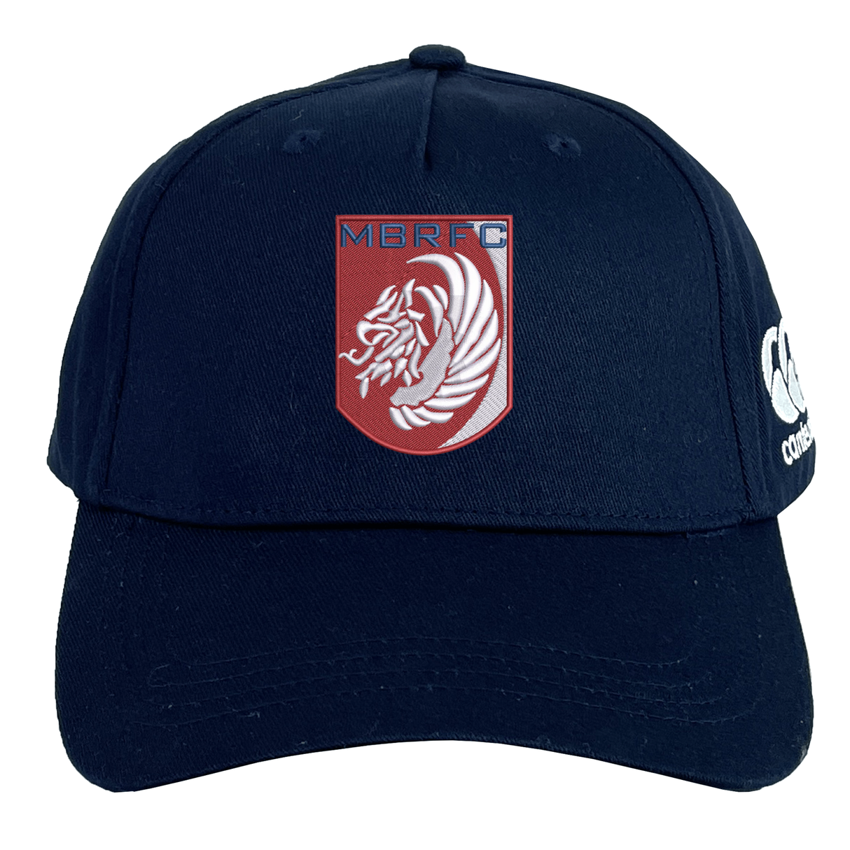 The Montgomery Bucks Griffins Flexfit Drill Cap by EMB Canterbury is navy blue, featuring a red and white lion crest with "MBRFC" on the front and a white CCC logo on the side.