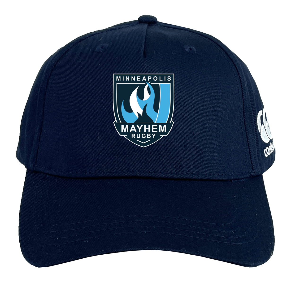 The Minneapolis Mayhem Rugby Flexfit Drill Cap by Canterbury is a navy blue flexfit cap featuring the embroidered Minneapolis Mayhem Rugby logo on the front and the EMB Canterbury logo on the side.
