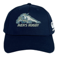 Navy blue University of New Hampshire Flexfit Drill Cap by Canterbury with an embroidered wildcat logo and “MEN’S RUGBY” text above the brim.