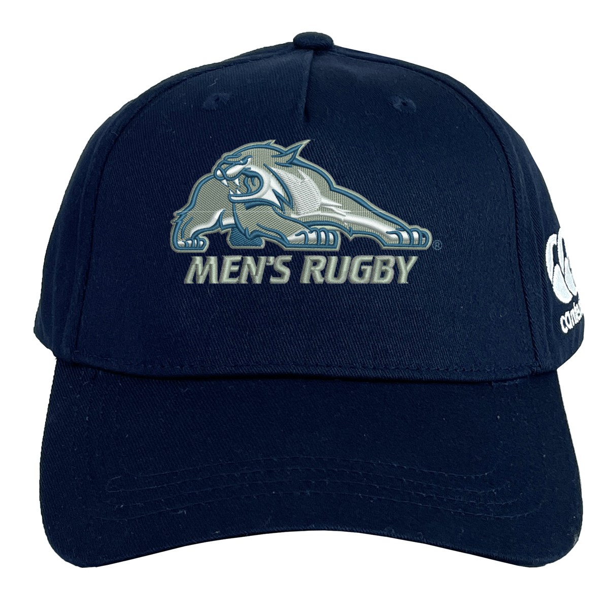 Navy blue University of New Hampshire Flexfit Drill Cap by Canterbury with an embroidered wildcat logo and “MEN’S RUGBY” text above the brim.