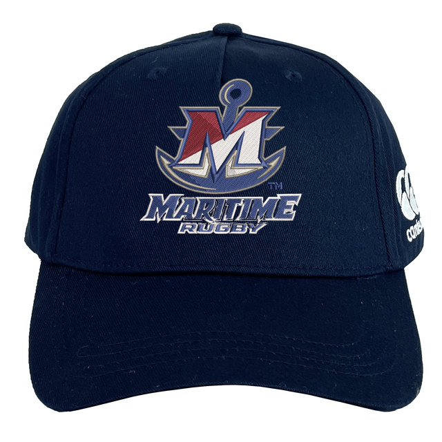 Navy blue SUNY Maritime Men’s Rugby Flexfit Drill Cap by Canterbury with a curved brim, featuring an embroidered “Maritime Rugby” logo with an anchor and the letter M on the front.