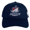 Navy blue SUNY Maritime Men’s Rugby Flexfit Drill Cap by Canterbury with a curved brim, featuring an embroidered “Maritime Rugby” logo with an anchor and the letter M on the front.