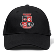 Introducing the Rye High School 10 Year Flexfit Drill Cap by EMB Canterbury. This stylish black cap features a "Rye Rugby" emblem adorned with a red and white shield design, along with a "10th Anniversary" mark and the years "2015-2025". Its curved brim offers both comfort and style.