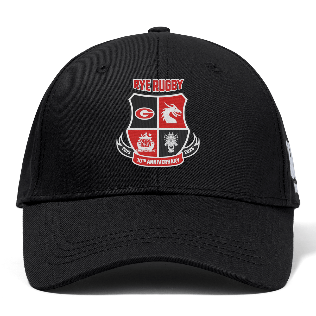 Introducing the Rye High School 10 Year Flexfit Drill Cap by EMB Canterbury. This stylish black cap features a "Rye Rugby" emblem adorned with a red and white shield design, along with a "10th Anniversary" mark and the years "2015-2025". Its curved brim offers both comfort and style.