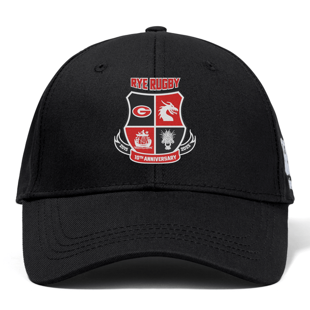 Introducing the Rye High School 10 Year Flexfit Drill Cap by EMB Canterbury. This stylish black cap features a "Rye Rugby" emblem adorned with a red and white shield design, along with a "10th Anniversary" mark and the years "2015-2025". Its curved brim offers both comfort and style.