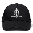 The Highlanders Rugby NC Flexfit Drill Cap by Canterbury is a black baseball cap from EMB Canterbury, showcasing the Highlanders Rugby logo with a sword and shield design above the text "Highlanders Rugby." This comfortable flex fit cap ensures a snug and stylish wear for dedicated fans.