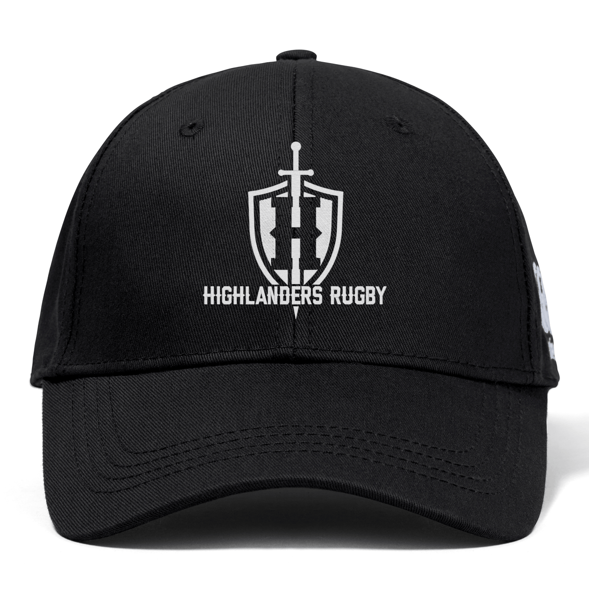 The Highlanders Rugby NC Flexfit Drill Cap by Canterbury is a black baseball cap from EMB Canterbury, showcasing the Highlanders Rugby logo with a sword and shield design above the text "Highlanders Rugby." This comfortable flex fit cap ensures a snug and stylish wear for dedicated fans.