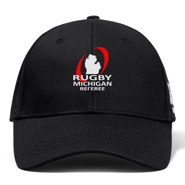 Flexfit Drill Cap by Canterbury in black, showcasing "Rugby Michigan Referee" in white and red above a map of Michigan, under the EMB Canterbury brand.