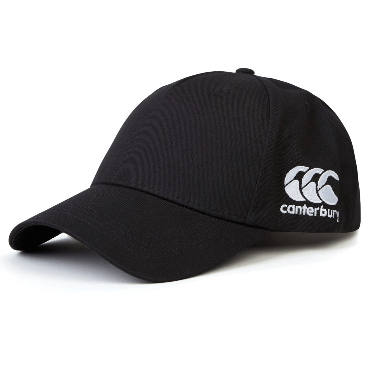 A black World Rugby Shop Flexfit Drill Cap by Canterbury with a curved brim, featuring an embroidered "Canterbury" and a triple "C" logo in white on the front side by EMB Canterbury.