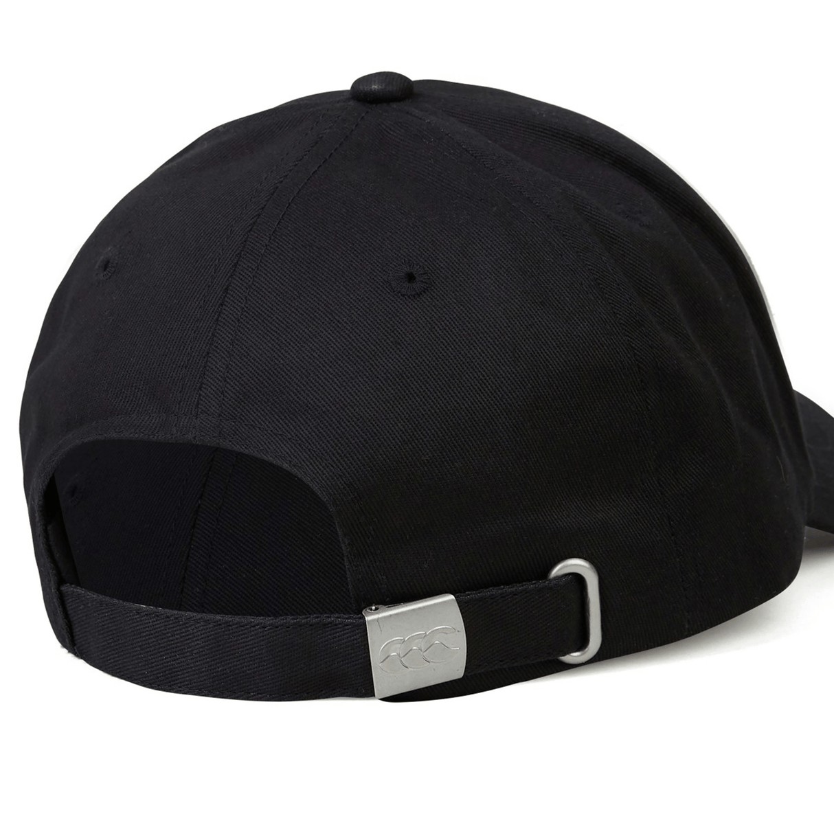 The EMB Canterbury Fiji Shield Flex Drill Cap is a sleek black hat with an adjustable metal buckle strap for a perfect, comfortable fit.