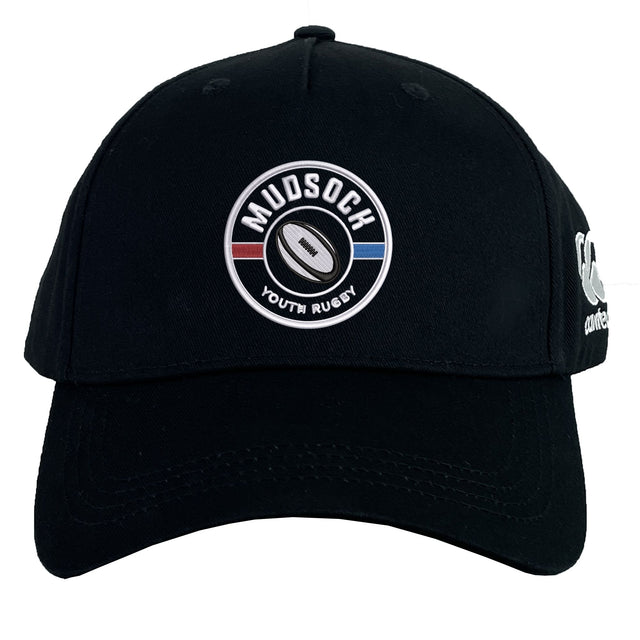 The Mudsock Rugby Flexfit Drill Cap by EMB Canterbury features "MUDSOCK YOUTH RUGBY" and a rugby ball logo on the front, plus a white CCC logo on the side.