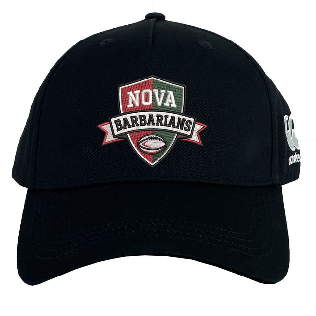 The NOVA Barbarians Flexfit Drill Cap by Canterbury features a football graphic logo on the front and white text on the side. Brand: EMB Canterbury.