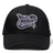 A black Valley Panthers Girls Rugby Flexfit Drill Cap by EMB Canterbury, featuring a purple and white “Valley Panthers Girls Rugby” logo on the front.