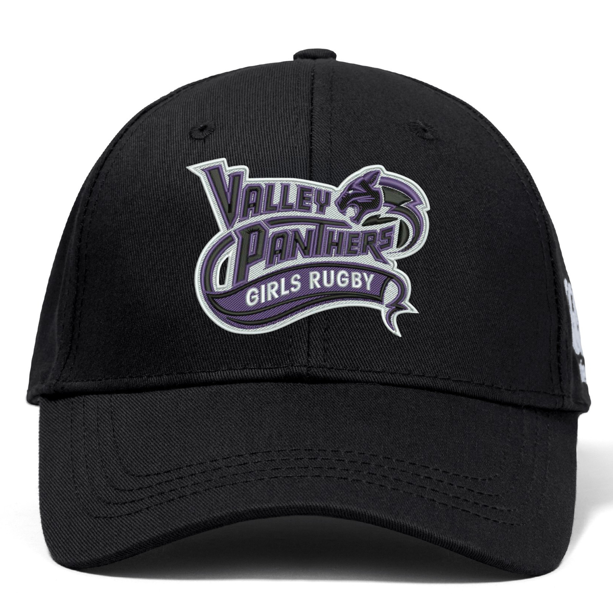 A black Valley Panthers Girls Rugby Flexfit Drill Cap by EMB Canterbury, featuring a purple and white “Valley Panthers Girls Rugby” logo on the front.