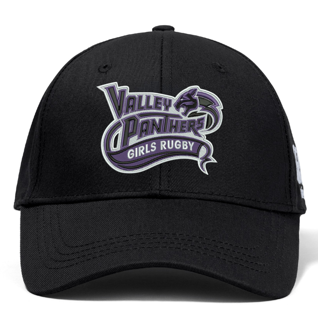 A black Valley Panthers Girls Rugby Flexfit Drill Cap by EMB Canterbury, featuring a purple and white “Valley Panthers Girls Rugby” logo on the front.