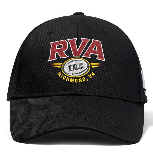 The RVA T.R.C. Flexfit Drill Cap by Canterbury from EMB Canterbury features a classic black design with an embroidered “RVA” logo in bold red letters, a rugby ball graphic, and “Richmond, VA” stitched beneath—an ideal choice for any fan seeking an authentic Canterbury cap style.