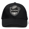 Black ICRON Flexfit Drill Cap by Canterbury with a curved brim and an embroidered shield emblem featuring a rugby ball and the word “ICRON.”