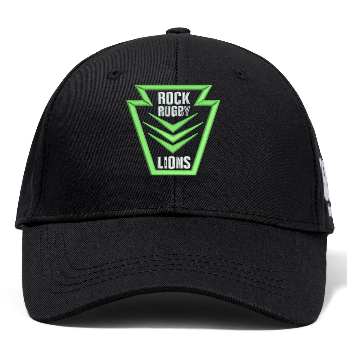 Black Rock Rugby Flexfit Drill Cap by Canterbury featuring a green and white “Rock Rugby Lions” shield logo on the front.