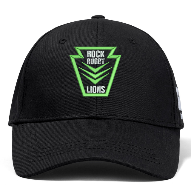 Black Rock Rugby Flexfit Drill Cap by Canterbury featuring a green and white “Rock Rugby Lions” shield logo on the front.